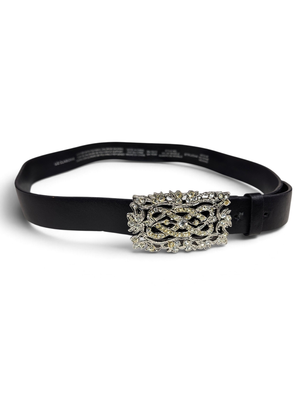 Liz Claiborne Black Leather Belt M Rhinestone Ornate Silver Buckle Western Bling